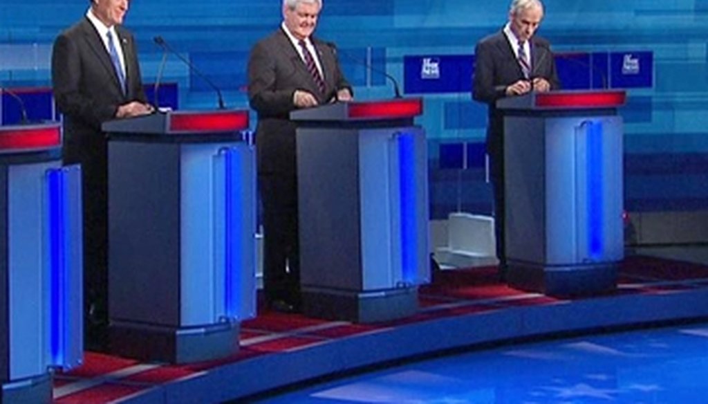 Mitt Romney, Newt Gingrich and Ron Paul at the South Carolina debate.