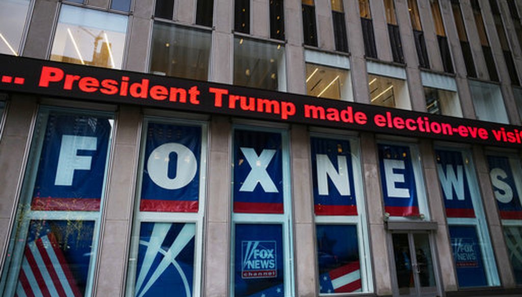 A headline is shown outside Fox News studios on Nov. 28, 2018, in New York. (AP/Lennihan)
