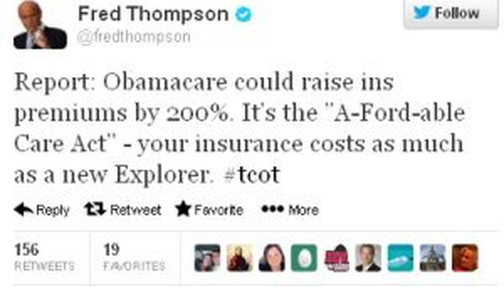 Former Sen. Fred Thompson, R-Tenn., tweeted that President Barack Obama's health care law will increase premiums enough to buy a new Ford Explorer. Is that correct?