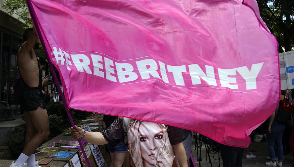 A Britney Spears supporter waves a "Free Britney" flag outside a court hearing in Los Angeles concerning the pop singer's conservatorship on June 23, 2021. (AP)