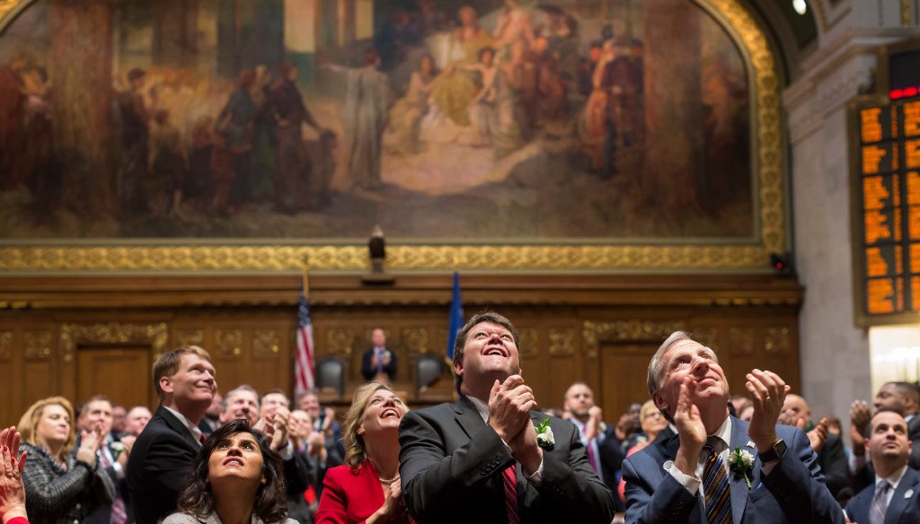 State representatives applaud former Assembly Leaders seated in the gallery during the 100th opening ceremony of Wisconsin State Legislature Jan. 3, 2017, in Madison, Wis. (Photo © Andy Manis)  
