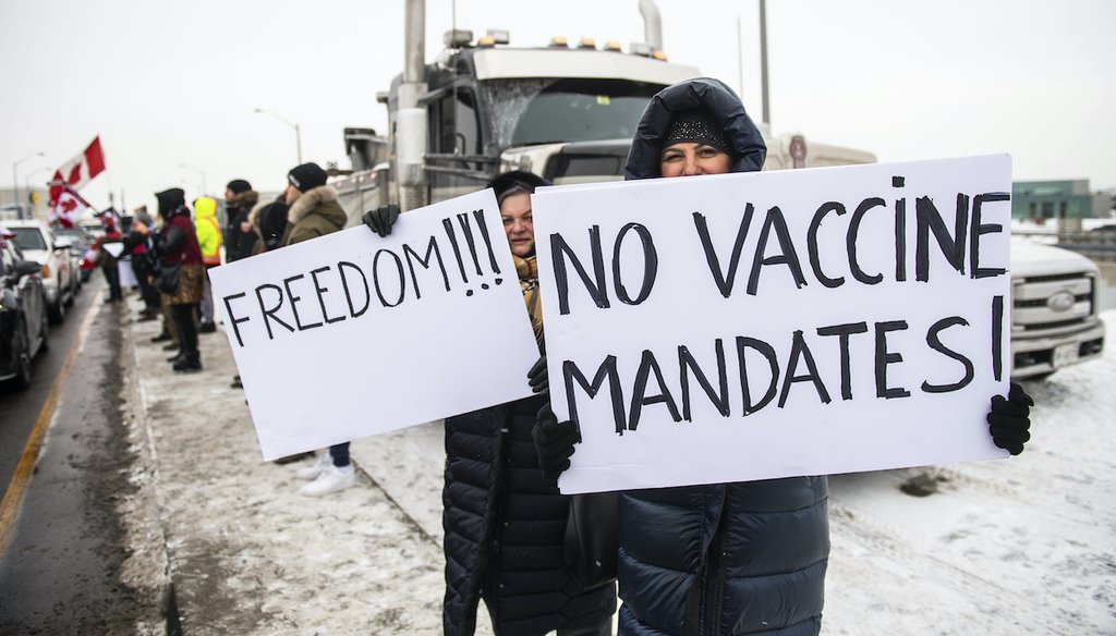 Protestors show their support for the Freedom Convoy of truck drivers who are making their way to Ottawa to protest against COVID-19 vaccine mandates by the Canadian government on Thursday, Jan. 27, 2022, in Vaughan. (Photo by Arthur Mola/Invision/AP)