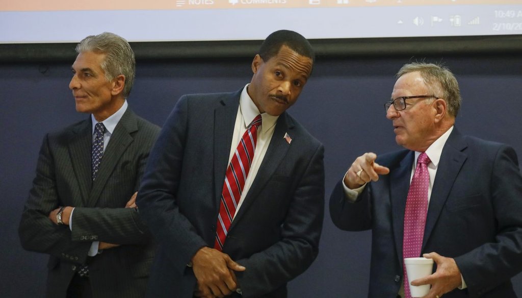 Joel Giambra (left) claimed he was the only Republican candidate for governor who has cut taxes. (Derek Gee/Buffalo News)