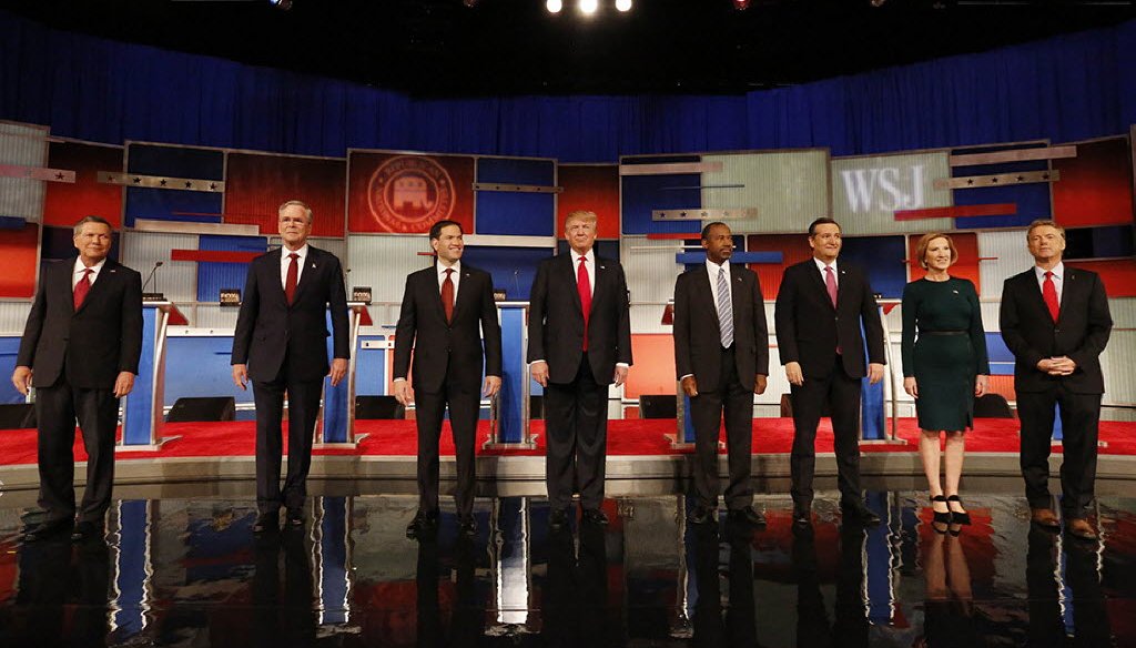 The Republican presidential candidates line up before Tuesday's debate in Milwaukee. (Milwaukee Journal Sentinel photo by Mark Hoffman)