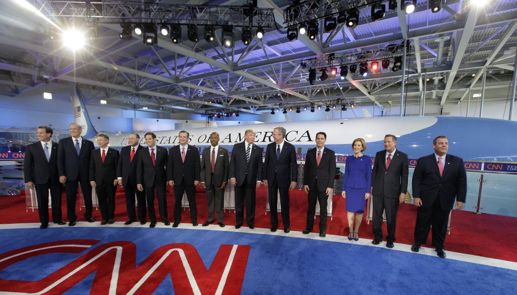 Wisconsin Gov. Scott Walker (fourth from right) was among the Republican presidential candidates who participated in the second Republican presidential debate on Sept. 16, 2015. (AP photo)