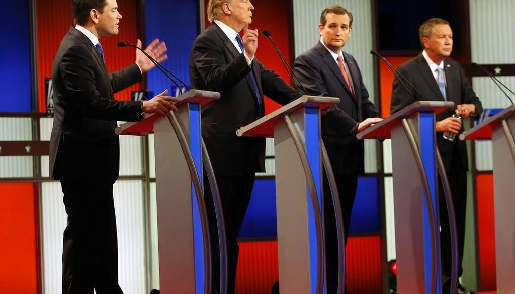 Republican presidential candidates Marco Rubio, Donald Trump, Ted Cruz and John Kasich debate on March 3 in Detroit. (AP)