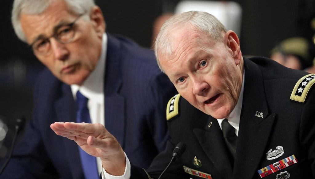 U.S. Defense Secretary Chuck Hagel (L) and Chairman of the Joint Chiefs of Staff Army Gen. Martin Dempsey testify before the Senate Armed Services Committee in the Hart Senate Office Building on Capitol Hill Sept. 16, 2014, in Washington. (Getty)