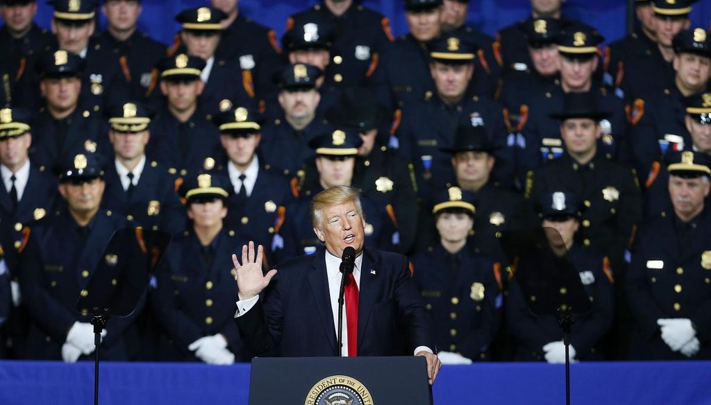 President Donald Trump speaks at Suffolk Community College on July 28, 2017, in Brentwood, N.Y.