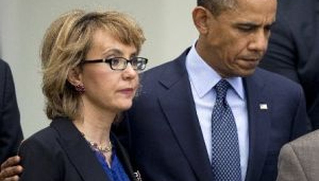 President Barack Obama consoles former Rep. Gabby Giffords in the White House Rose Garden on April 17, 2013. Obama and Giffords were present for a news conference after the Senate failed to advance a bill to expand background checks on guns.