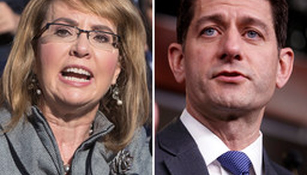A political action committee named for former Democratic U.S. Rep. Gabrielle Giffords has targeted GOP U.S. House Speaker Paul Ryan over gun legislation.
