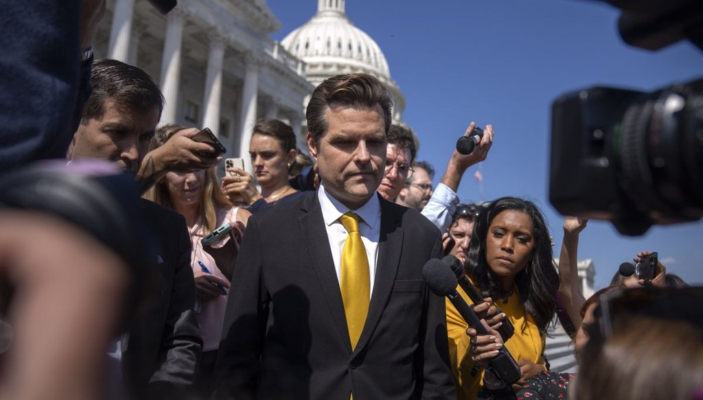 Rep. Matt Gaetz, R-Fla., speaks to reporters on the steps of the U.S. Capitol on Oct. 2, 2023. (AP)