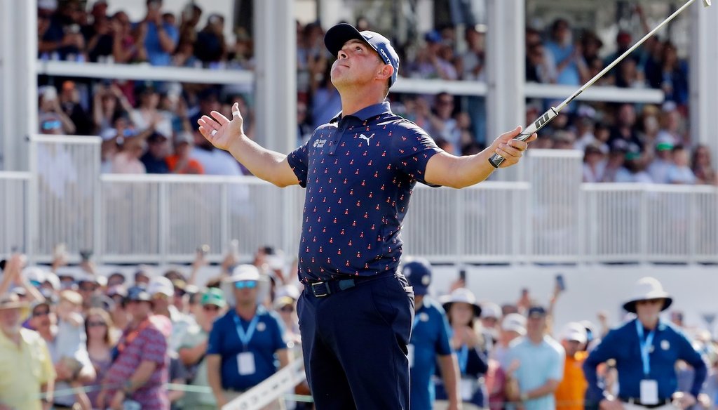 Gary Woodland reacts after sinking his final putt on the 18th green to win the Texas Children's Houston Open golf tournament March 29, 2026, in Houston. (AP)