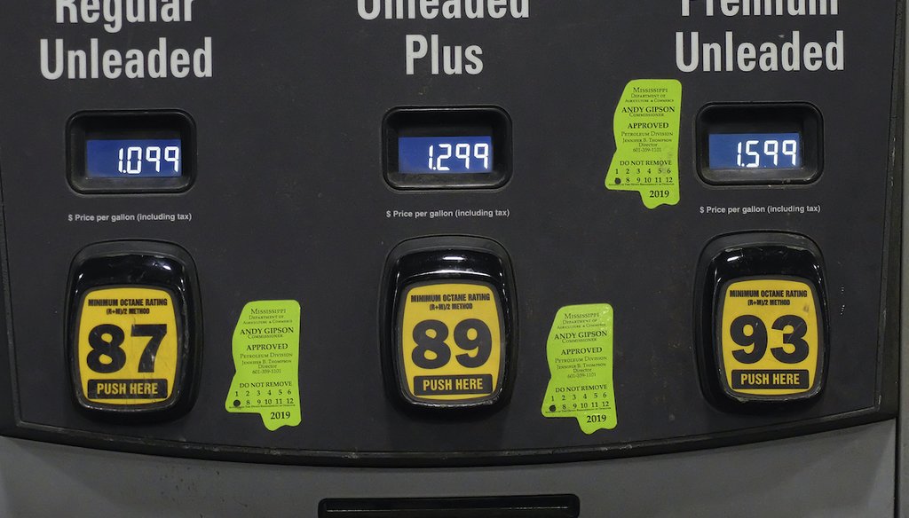 Gas prices are shown on a gas pump in Hattiesburg, Miss., on the night of April 26, 2020. Around the country, prices plummeted during the coronavirus outbreak. (AP)
