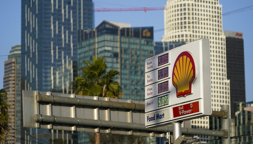 Gas prices are displayed at a gas station in downtown Los Angeles on March 9, 2022. (AP)