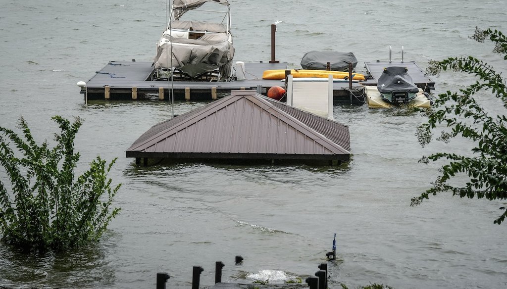 A gazebo and the stairs that lead to it are flooded after Hurricane Helene passed the area on Lake James on Sept. 27 in Morganton, North Carolina. (AP)