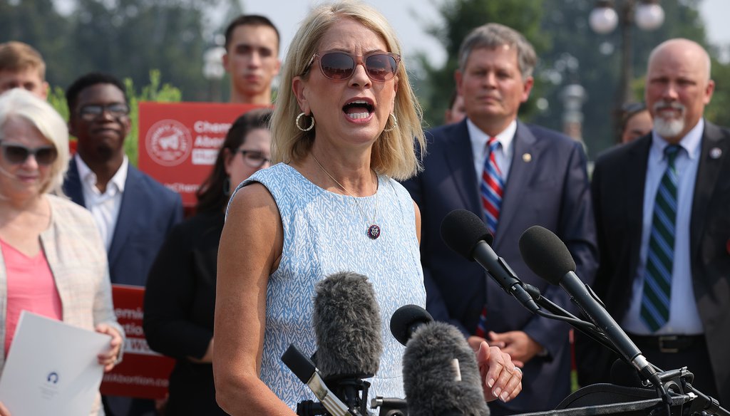 U.S. Rep. Mary Miller talks to reporters outside the U.S. Capitol on July 21, 2021, in Washington, DC. (Chip Somodevilla/Getty Images)