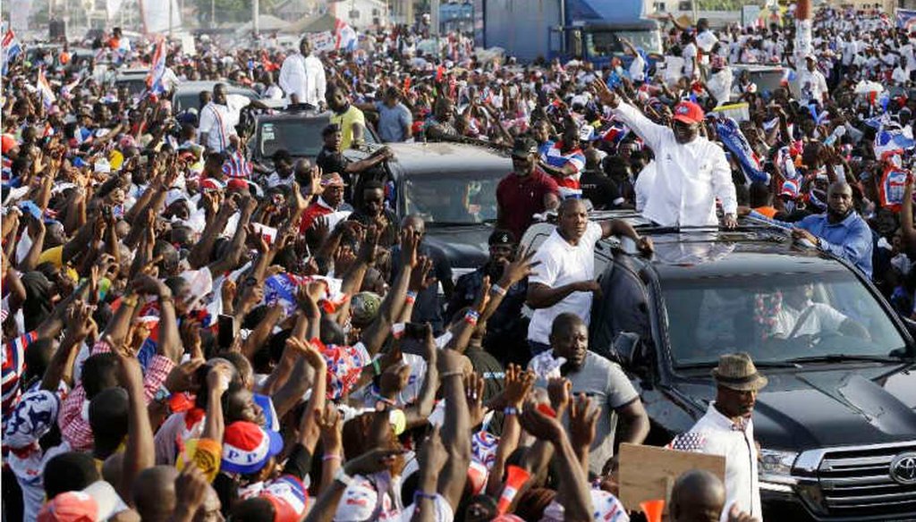 Nana Akufo-Addo, presidential candidate of the opposition New Patriotic Party waves to his supporters at a rally in Accra, Ghana, shortly before winning the election. (AP)