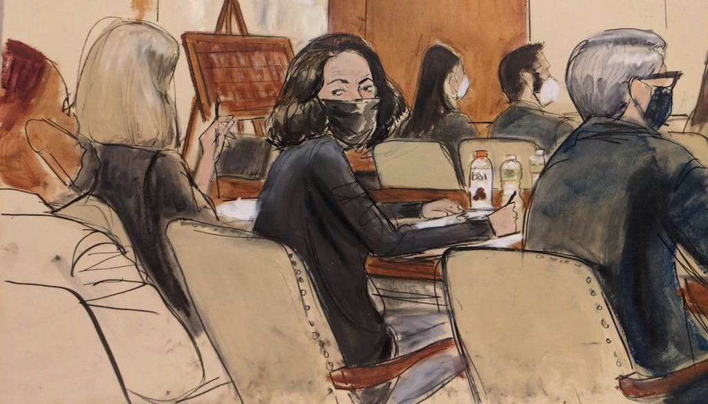 In this courtroom sketch, Ghislaine Maxwell looks over her shoulder to the courtroom audience prior to the start of jury selection in her trial on Nov. 16, 2021. (AP)