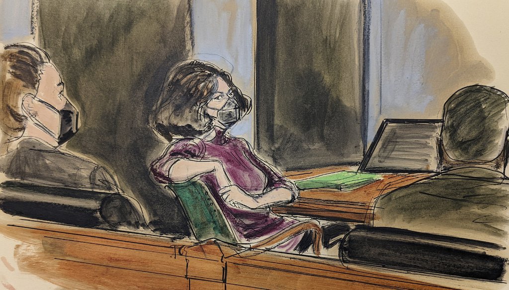 In this courtroom sketch, Ghislaine Maxwell, center, sits in the courtroom Dec. 29, 2021, during during her sex trafficking trial. (AP Photo)
