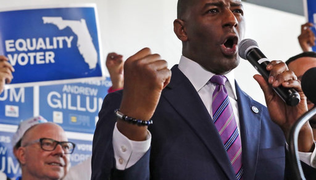 Florida Democratic gubernatorial candidate Andrew Gillum gestures as he speaks to members of Florida's lesbian, gay, bisexual, transgender and queer (LGBTQ) community, Monday, Sept. 24, 2018, in Miami. (AP)