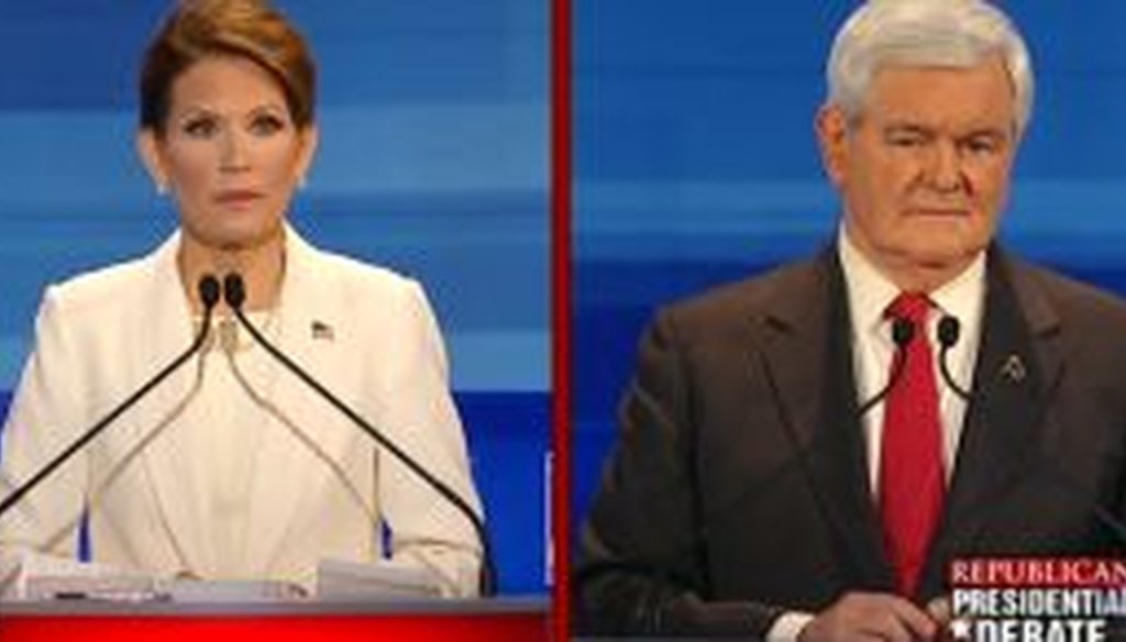 While sparring with Newt Gingrich, Michele Bachmann said PolitiFact rated everything she'd said in the previous debate as true. But Bachmann's claim wasn't accurate.