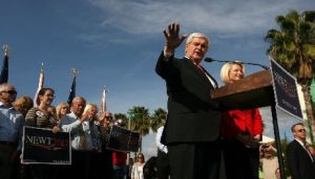 With his wife Callista by his side, Newt Gingrich speaks during a rally at the River of Tampa Bay church in Brandon on Jan. 23, 2012. We checked a comment he made a few days later in Stuart, Fla., about trends in students completing college degrees.