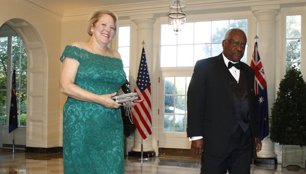 In this Sept. 20, 2019, file photo, Supreme Court Associate Justice Clarence Thomas, right, and wife Virginia "Ginni" Thomas arrive for a State Dinner with Australian Prime Minister Scott Morrison and President Donald Trump at the White House. (AP)