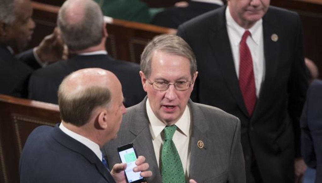 Rep. Bob Goodlatte, R-Va., talks with a colleague in the House Chamber on Jan. 3, 2017. The previous night, House Republicans approved Goodlatte's amendment to weaken the independent Office of Congressional Ethics. (AP/J. Scott Applewhite)