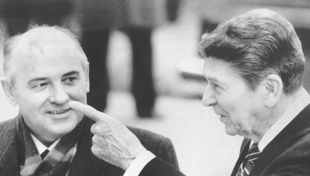 Soviet leader Mikhail Gorbachev (left) and President Ronald Reagan near Geneva, Switzerland, in 1985. (AP photo)