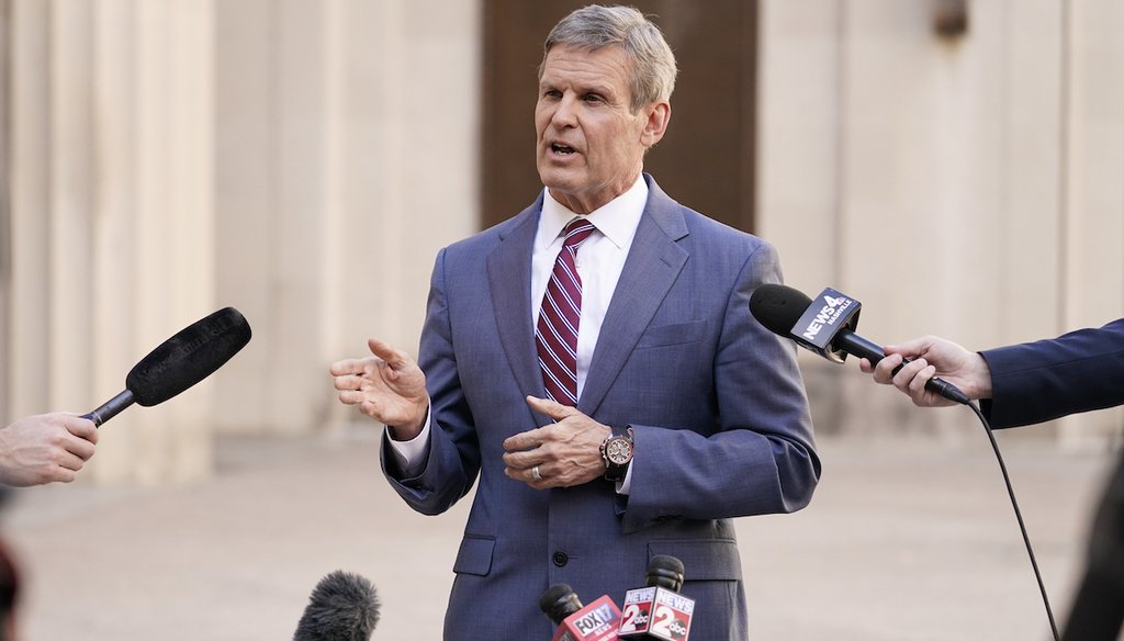 Tennessee Gov. Bill Lee answers questions after he spoke to a joint session of the legislature in Nashville, Tenn., Jan  19, 2021. A recent TikTok post and blog make false claims about the effect of an executive order he signed in August. (AP)