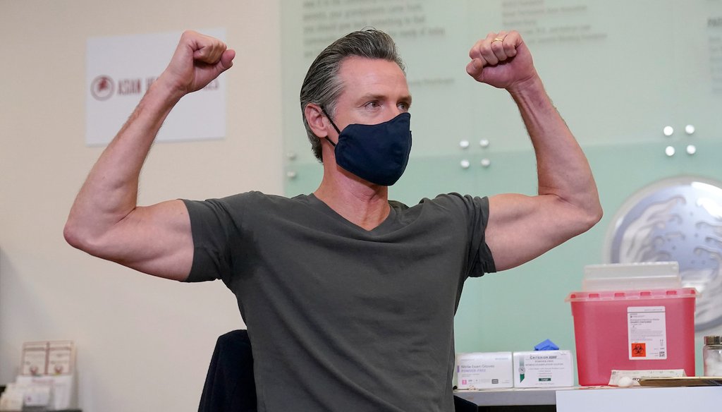 Gov. Gavin Newsom gestures after receiving a Moderna COVID-19 vaccine booster shot at Asian Health Services in Oakland, Calif., Wednesday, Oct. 27, 2021. (AP)