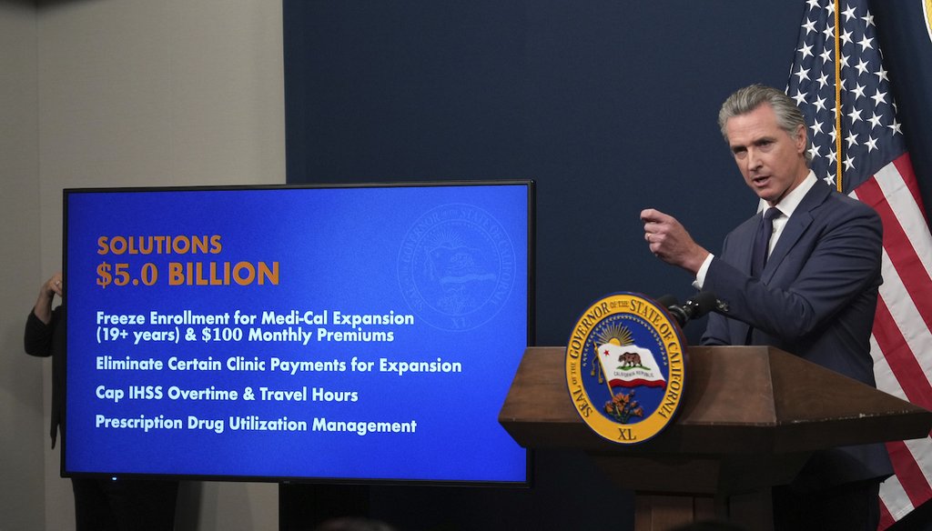 Calif. Gov. Gavin Newsom presents his revised 2025-2026 state budget during a news conference in Sacramento, Calif., May 14, 2025.