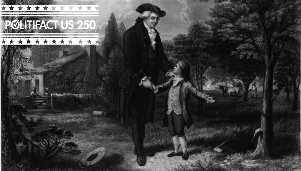 George Washington, as a boy, telling his father Augustine Washington that it was he who cut down the cherry tree. This lithograph was engraved in 1867 by John C. McRae after a painting by G. G. White. (Wikimedia Commons)