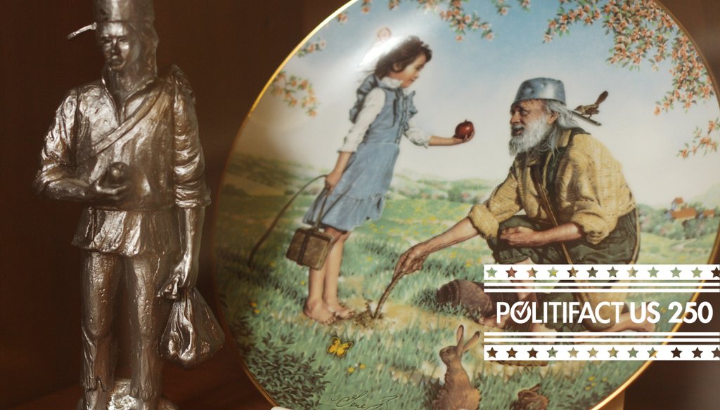 Many donated items depicting American folk hero Johnny Appleseed are part of the collection at the Johnny Appleseed Educational Center and Museum at Urbana University in Ubana, Ohio on July 18, 2014. (AP)