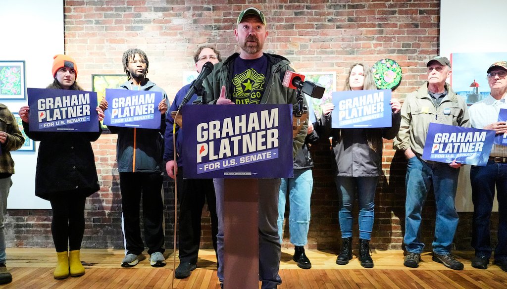 Graham Platner, Democratic candidate for U.S. Senate, speaks at a news conference April 30, 2026, in Lewiston, Maine. (AP)