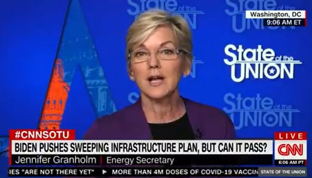 Energy Secretary Jennifer Granholm appeared on CNN's "State of the Union" on April 4, 2021. (Screenshot)