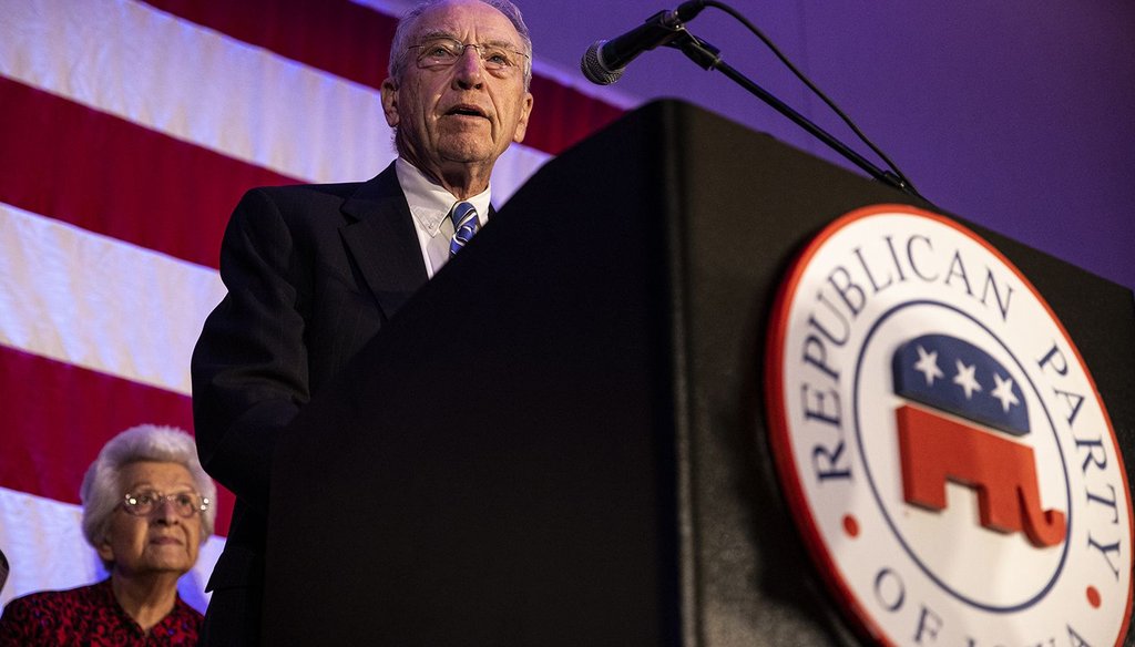 Sen. Chuck Grassley, R-Iowa, speaks during a watch party for Iowa Republicans on Election Day at the Hilton Downtown in Des Moines on Nov. 8, 2022. (Jerod Ringwald/Daily Iowan)