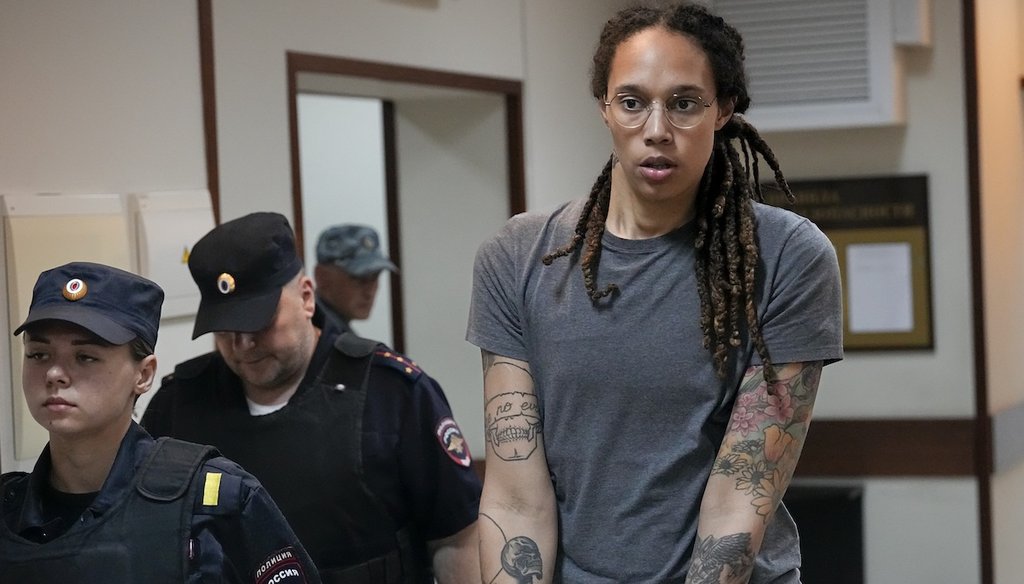 WNBA star and two-time Olympic gold medalist Brittney Griner is escorted from a courtroom after a hearing in Khimki just outside Moscow, Russia, on Aug. 4, 2022. (AP)
