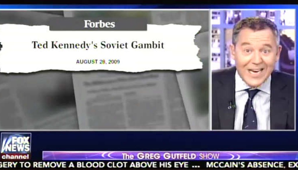 Fox News host Greg Gutfeld revived an old and unconfirmed story about deceased Sen. Ted Kennedy's overtures to Soviet leaders in 1983. (Screenshot)