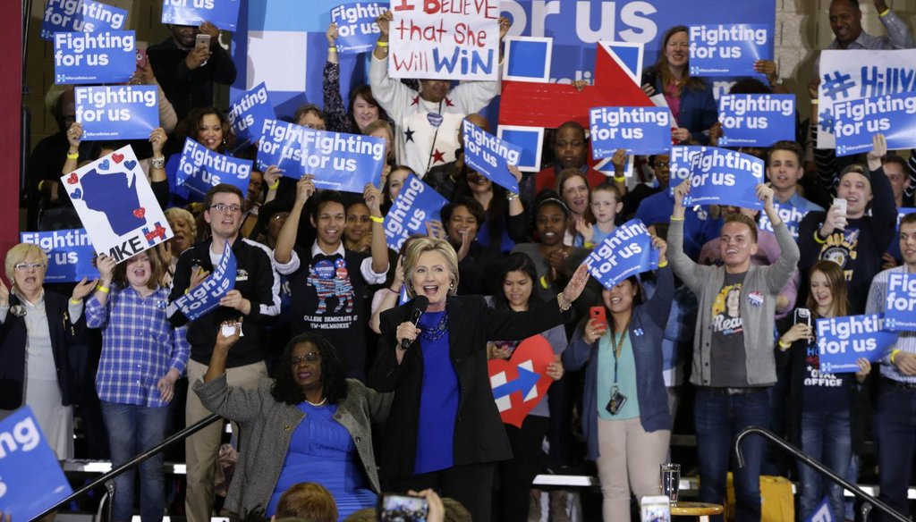 Democratic U.S. Rep. Gwen Moore of Milwaukee (left) introduced Democratic presidential front runner Hillary Clinton at a Clinton rally in Milwaukee on March 28, 2016. (Rick Wood photo)
