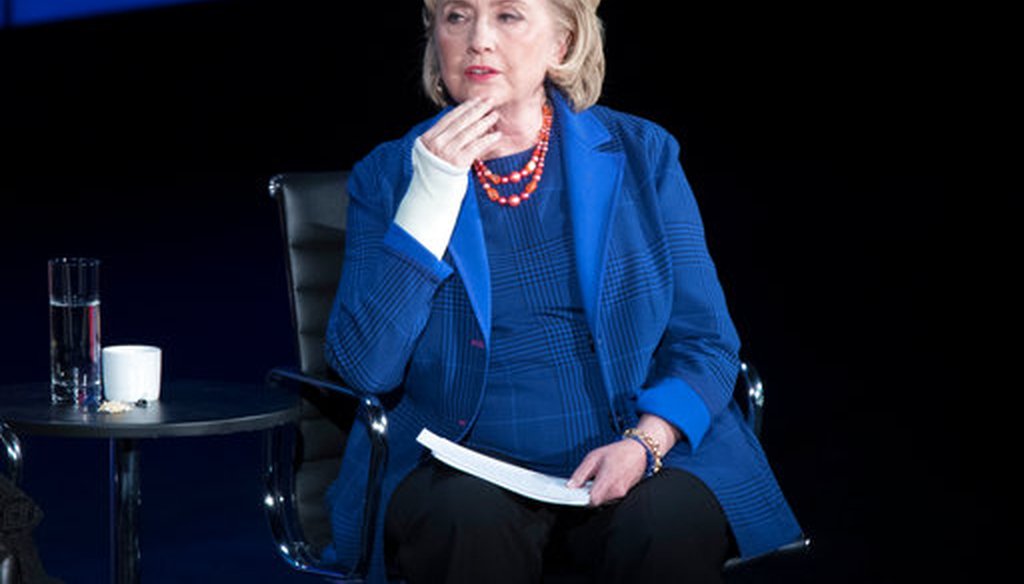 In this April 13, 2018 file photo, Hillary Clinton speaks during the ninth annual Women in the World Summit in New York. (AP)