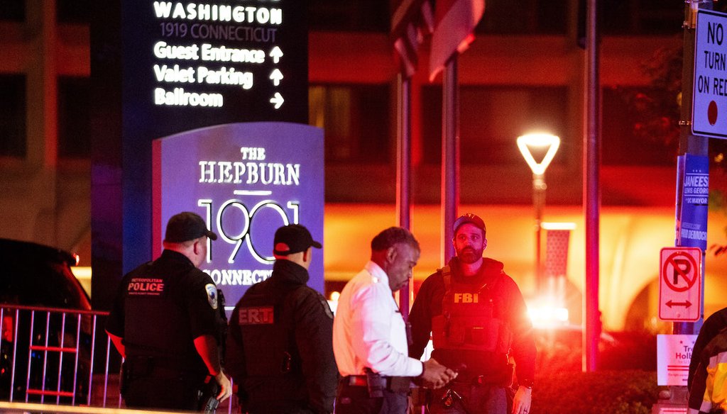 Law enforcement respond to an incident at the Washington Hilton during the White House Correspondents Dinner, April 25, 2026, in Washington. (AP)