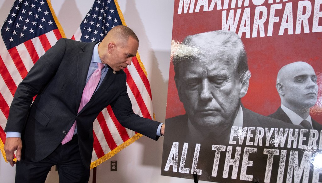 House Minority Leader Hakeem Jeffries, D-N.Y., speaks about Virginia's redistricting vote, at the Democratic National Committee headquarters in Washington, April 22, 2026. (AP)