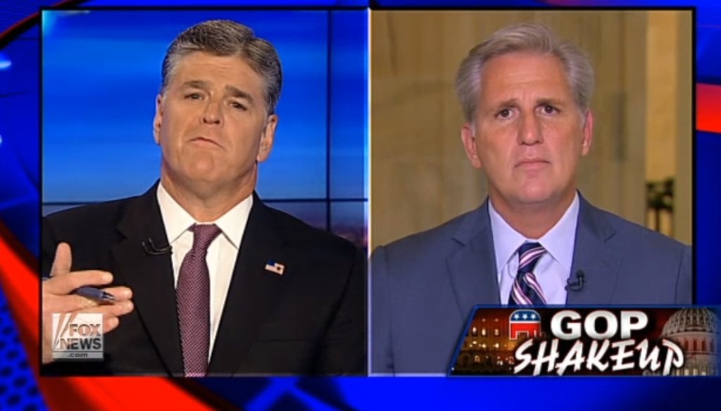 Sean Hannity interviews U.S. Rep. Kevin McCarthy, R-Calif., on Fox News on Sept. 29, 2015. (Fox News)
