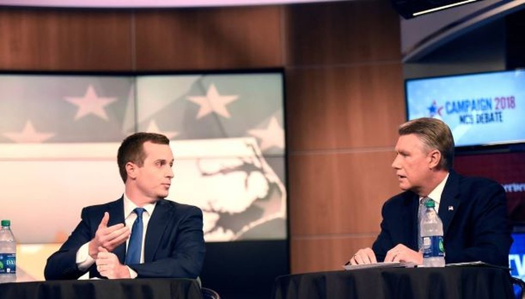 Congressional District candidates Dan McCready and Mark Harris take part in a WBTV and Charlotte Observer debate on Wednesday, October 10, 2018. (courtesy of the Charlotte Observer)