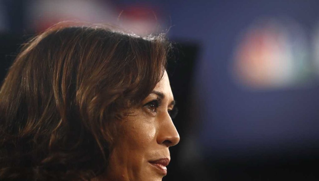 Democratic presidential candidate Sen. Kamala Harris, D-Calif., listens to questions in the spin room after the Democratic primary debate hosted by NBC News at the Adrienne Arsht Center for the Performing Art, Thursday, June 27, 2019, in Miami. (AP Photo)