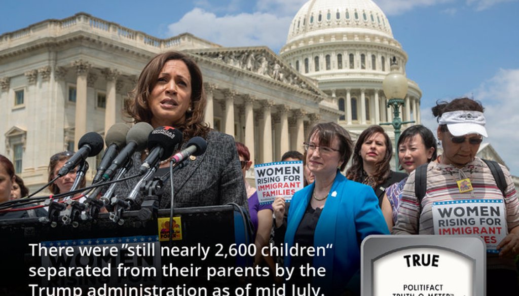Sen. Kamala Harris, D-Calif., joined the women's advocacy group, MomsRising, to protest against threats by President Donald Trump against Central American asylum-seekers to separate children from their parents at the U.S. Capitol in in May 2018. / AP file