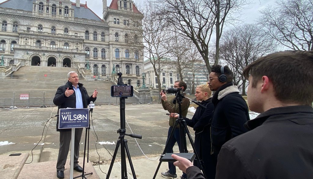 Harry Wilson, a Republican running for governor of New York, speaks to reporters outside the capitol in Albany on March 11, 2022. (Harry Wilson campaign/Facebook)