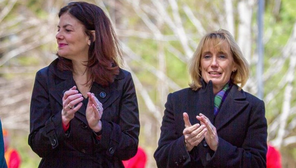 Sen. Kelly Ayotte (left) and Gov. Maggie Hassan attended a dedication ceremony for the U.S. Marine Raiders monument at the New Hampshire State Veterans Cemetery in Boscawen on Saturday. Elizabeth Frantz / Monitor staff