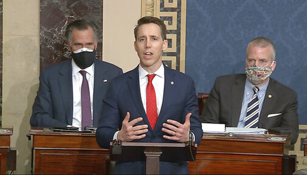 In this image from video, Sen. Josh Hawley, R-Mo., speaks as the Senate reconvenes to debate the objection to confirm the Electoral College Vote from Arizona, after protesters stormed into the U.S. Capitol on Wednesday, Jan. 6, 2021. (AP)